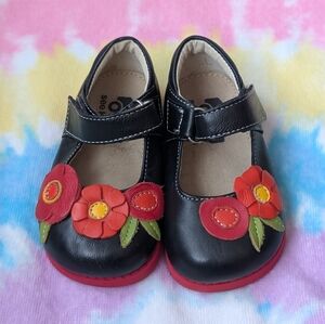 See Kai Run Black and Red Leather Mary Jane Shoes with Floral Accents